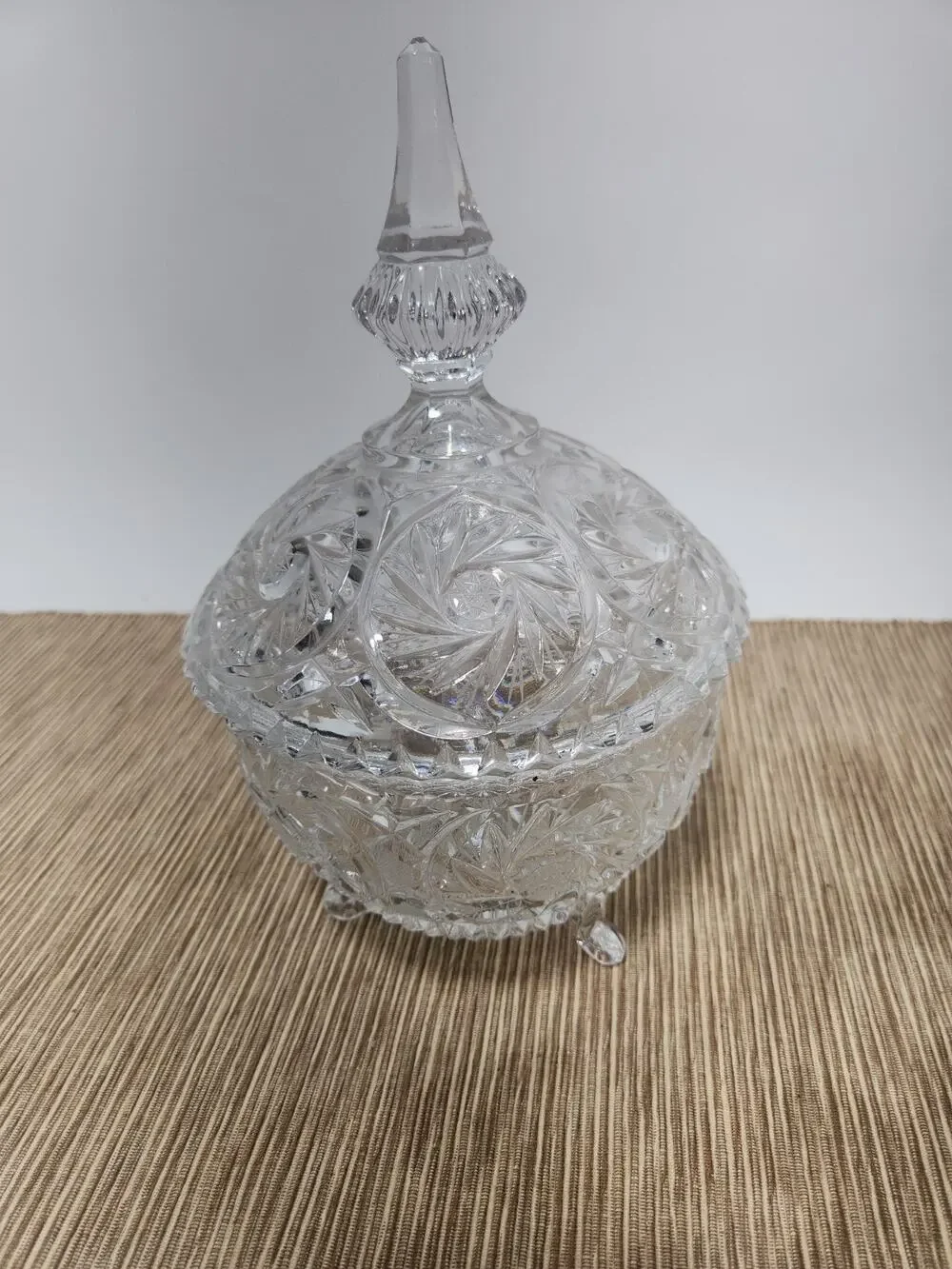 Vintage Cut Crystal Covered Candy Dish 3 Footed Lidded Trinket Bowl Pinwheel
